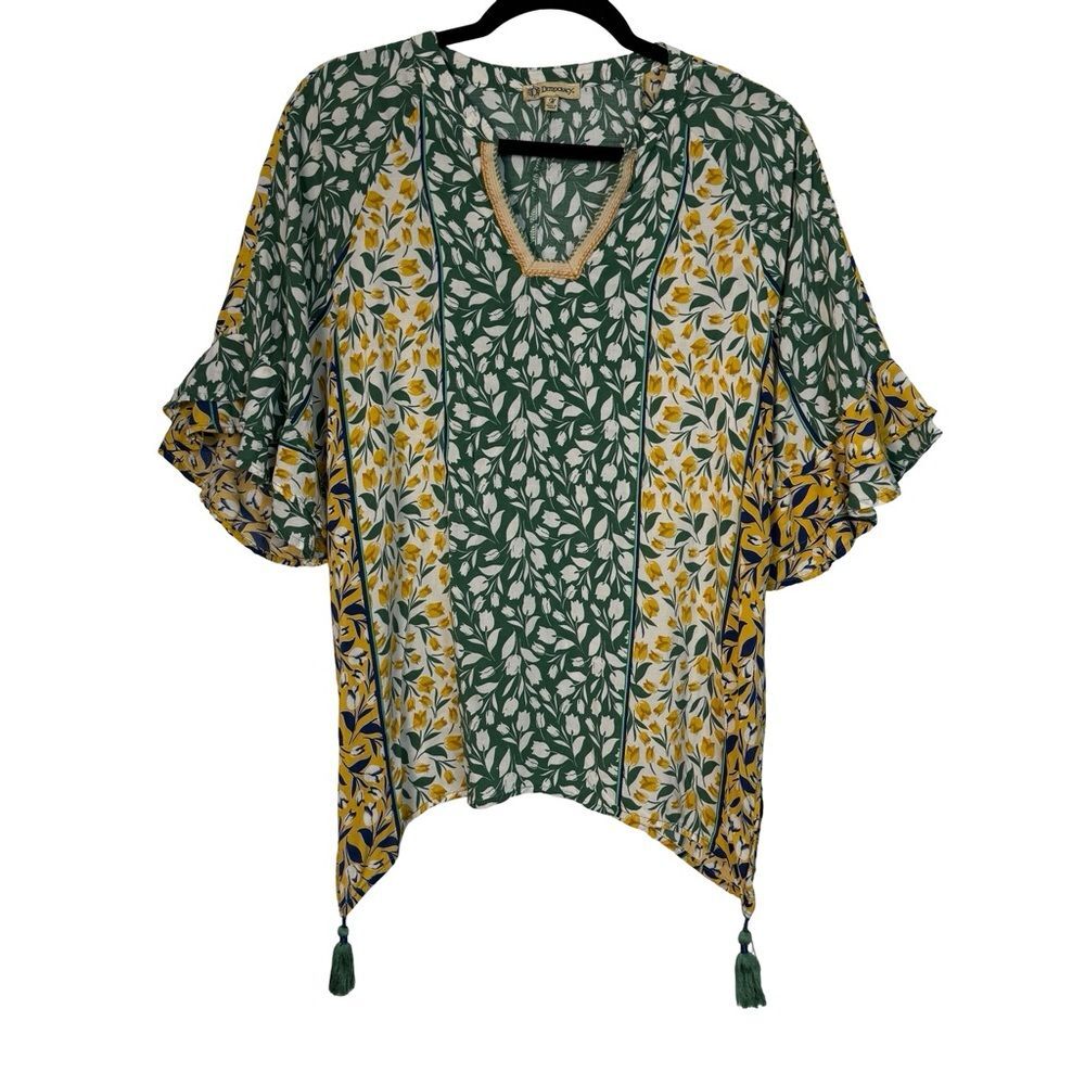 Democracy Green Yellow Floral Tassel Tie Peasant Blouse Size M